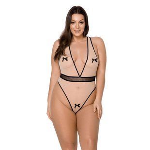Боді Passion Viena Body 6XL/7XL beige, контрастне, бантики, вставка-сітка, відкриті сідниці SO7112 фото