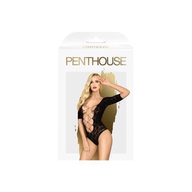Боді Penthouse Salute Me S/L Black, імітація шнурівки на спині та декольте, геометричне плетіння SO6439 фото